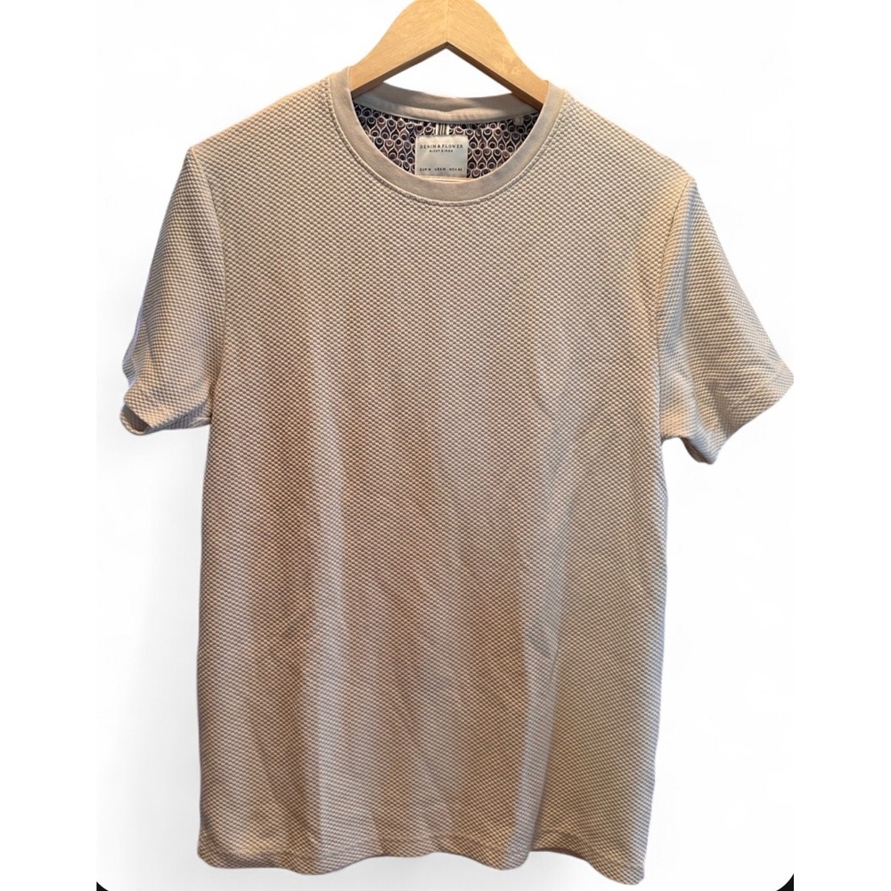 Denim & Flower Mens Off White Textured Waffle Knit Short Sleeve Tee M